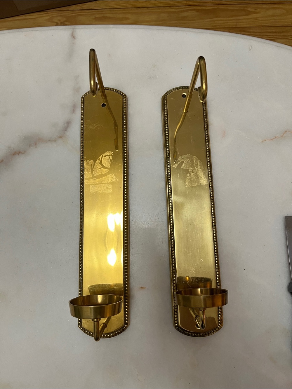 Source Unknown Gold Wall Sconces Pair with Beaded Trim